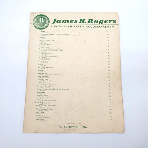 The Star (from Plato) 1940 Vintage Sheet Music Lummis Rogers G Schirmer Inc - Picture 1 of 4